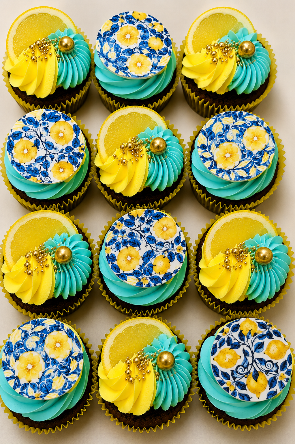 Bespoke blue and yellow lemon themed cupcakes handmade by Hayley's Cupcakes